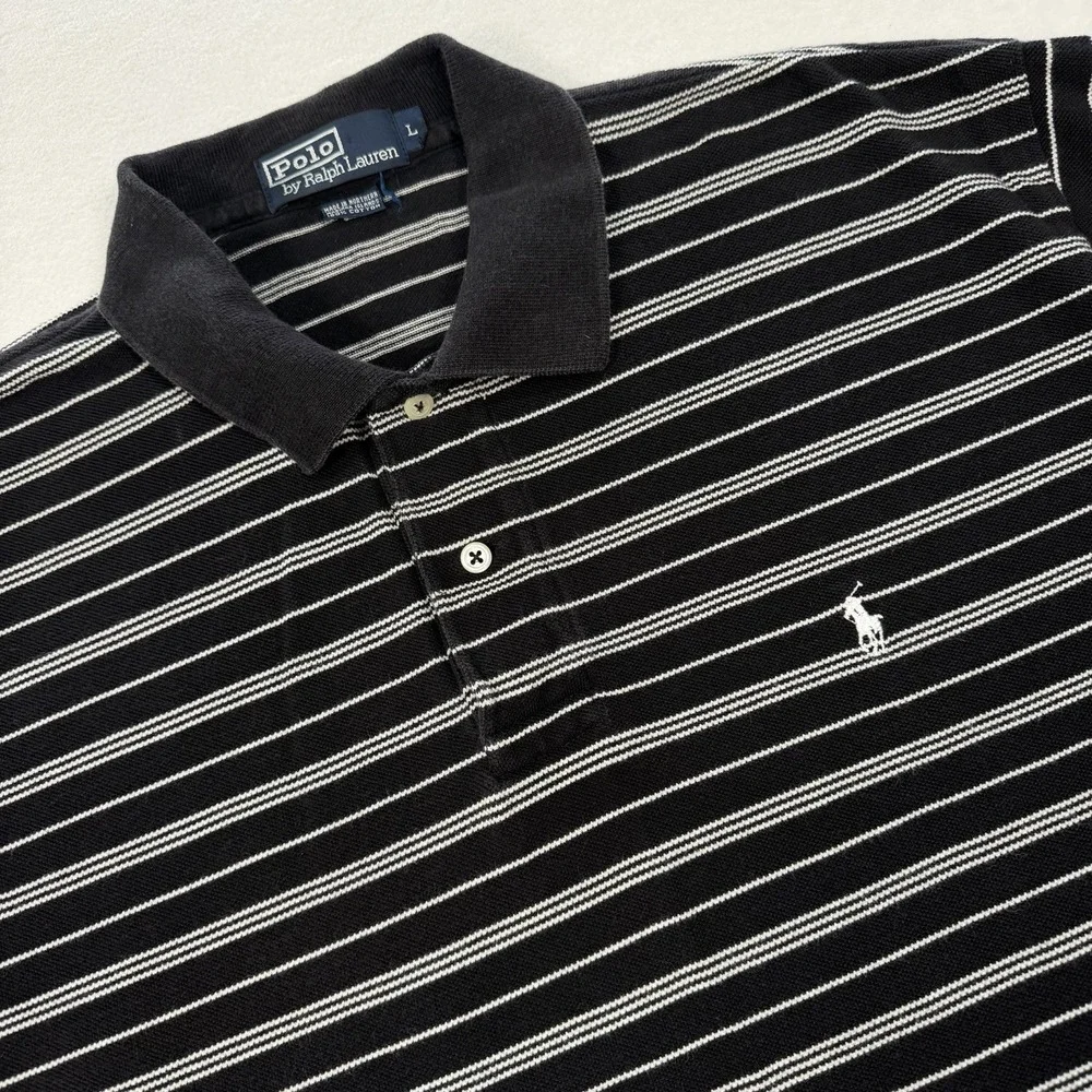 Polo Ralph Lauren Polo Shirt Mens Large Black White Striped‎ Short Sleeve Golf